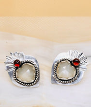 Load image into Gallery viewer, Gray Moonstone and Garnet Silver Sacred Heart Stud Earrings
