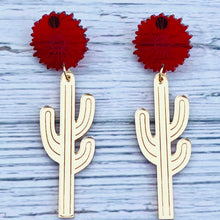 Load image into Gallery viewer, Saguaro and Flower Gold and Red Acrylic Earrings
