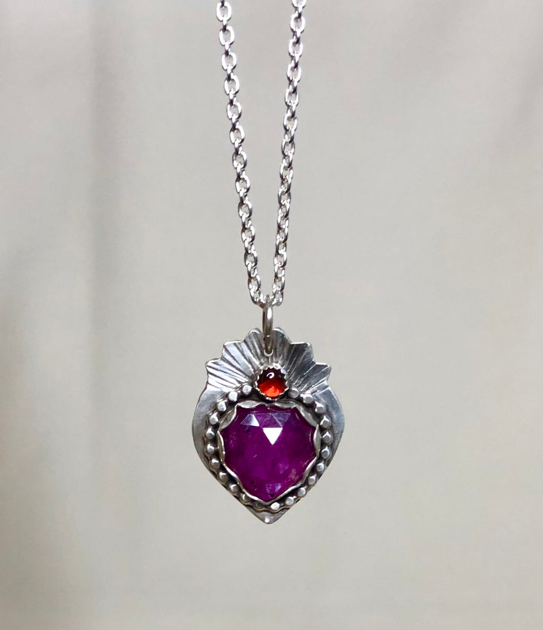 Star Sapphire and Garnet Heart Silver Necklace