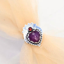 Load image into Gallery viewer, Star Sapphire and Garnet Heart Silver Ring
