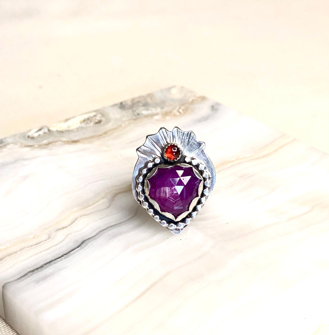 Star Sapphire and Garnet Heart Silver Ring