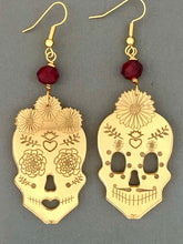 Load image into Gallery viewer, Amor Eterno Sugar Skull Gold and Red Crystal Acrylic Earrings

