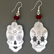 Load image into Gallery viewer, Amor Eterno Sugar Skull Silver and Red Crystal Acrylic Earrings

