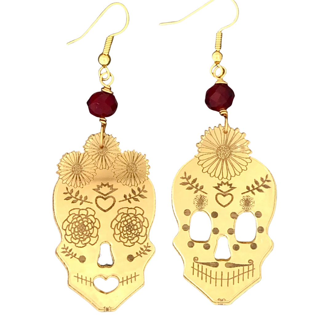 Amor Eterno Sugar Skull Gold and Red Crystal Acrylic Earrings