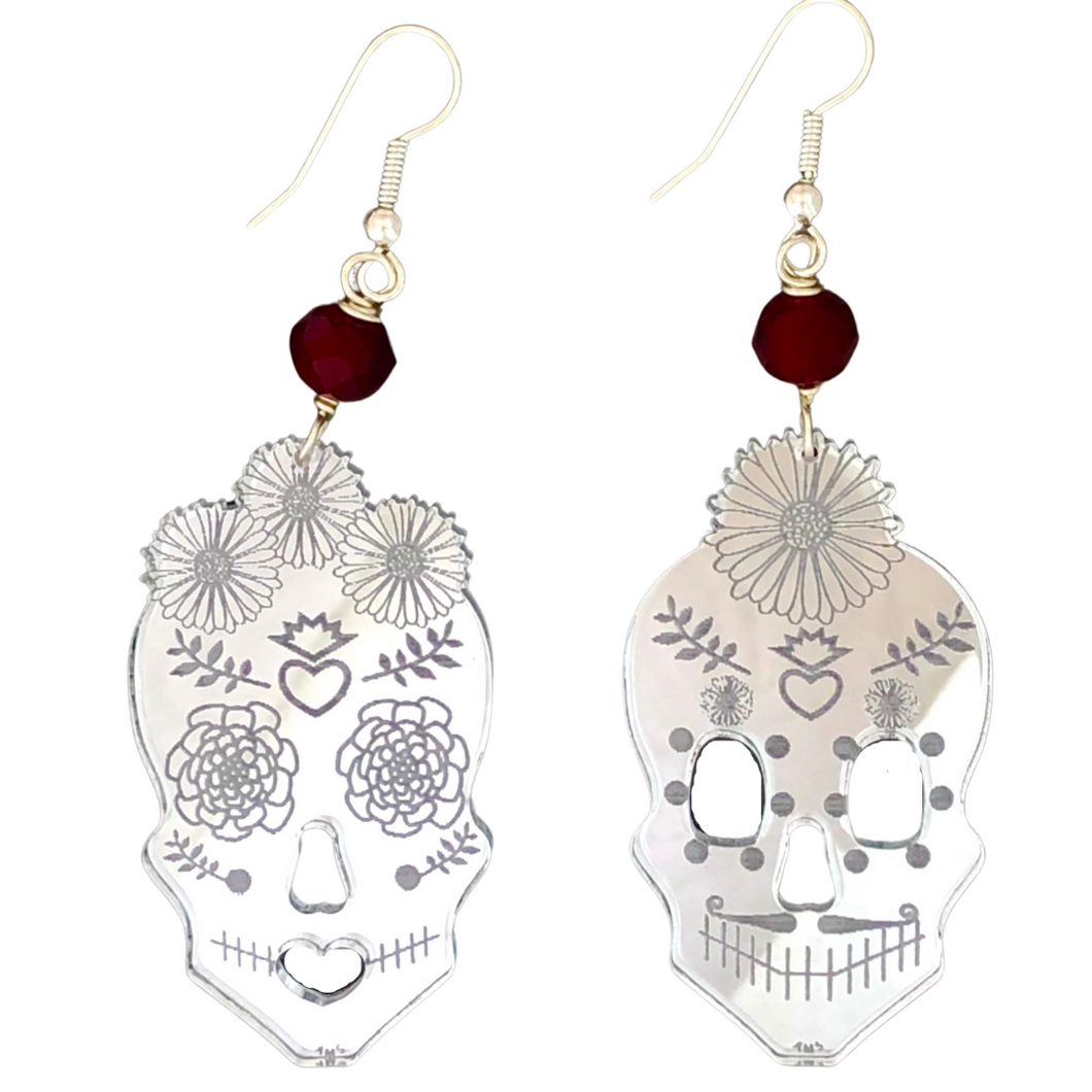Amor Eterno Sugar Skull Silver and Red Crystal Acrylic Earrings