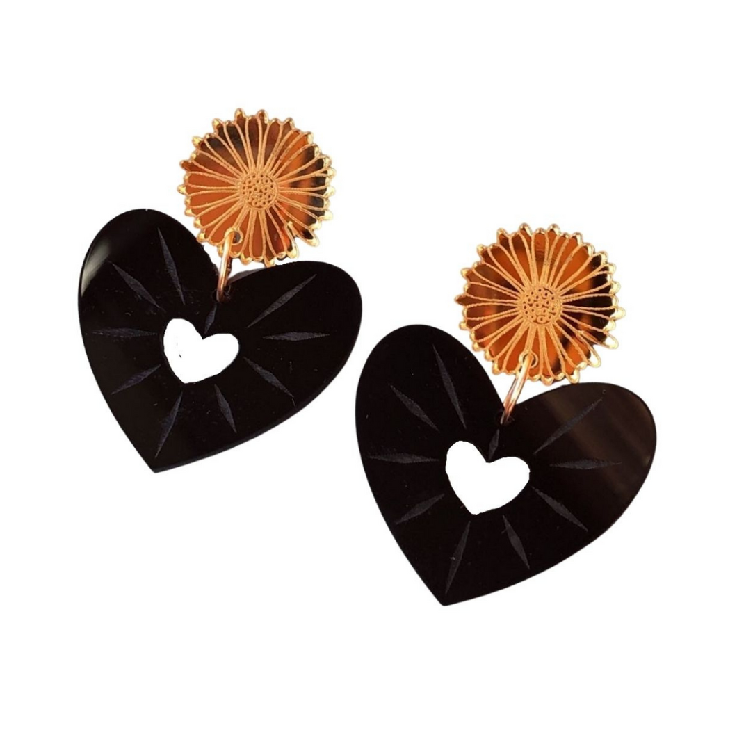 Open Heart and Flower Earrings Black
