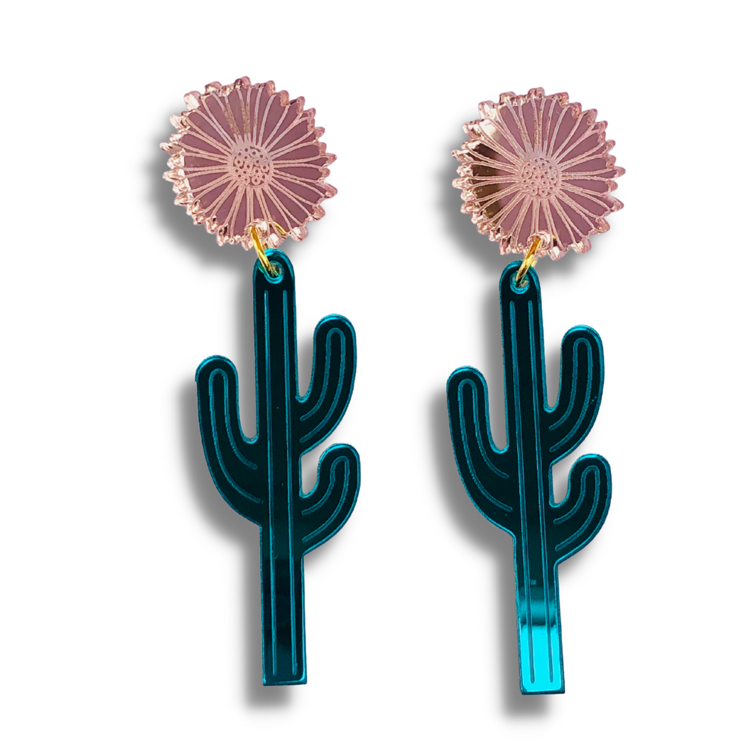 Saguaros Teal and Rose Gold Acrylic Earrings
